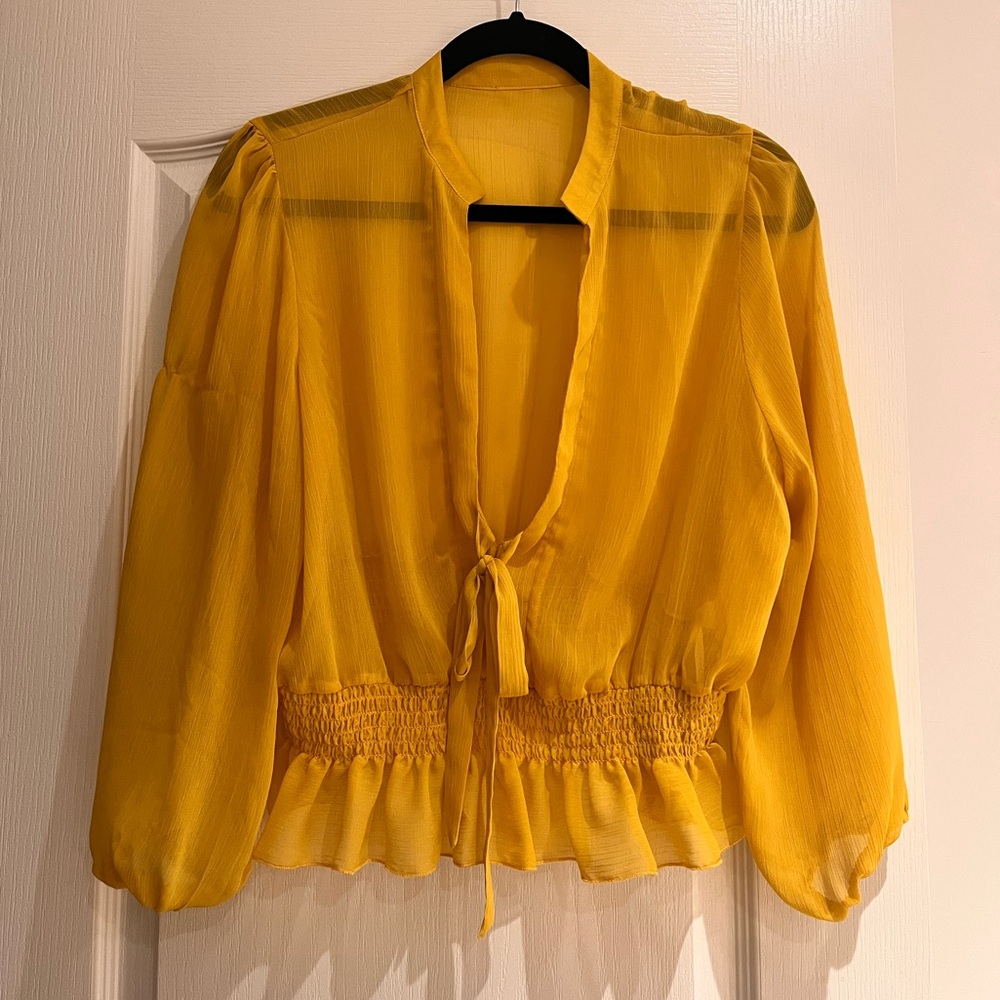 ASOS Mustard Yellow Sheer Blouse with Tie-Front